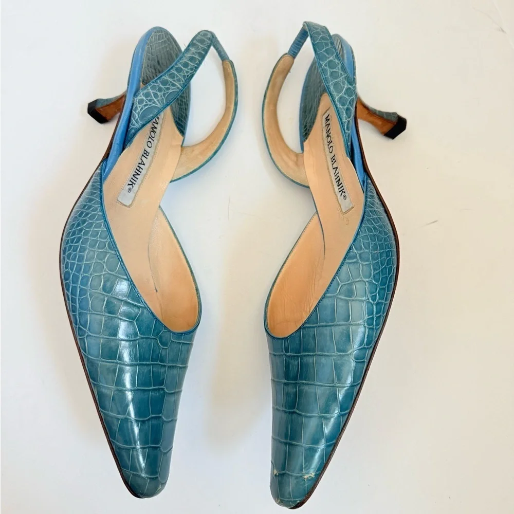 Manolo Blahnik Teal Blue Croc Embossed Leather Carolyne Slingback Heels EU 38.5 - Picture 4 of 10